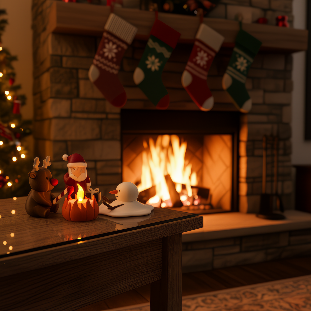 Kerstkampvuur voor een haard met kerstsokken