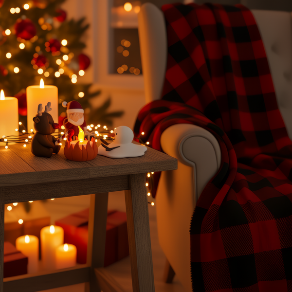 Kerstkampvuur op een tafeltje met kaarsen en een plaid