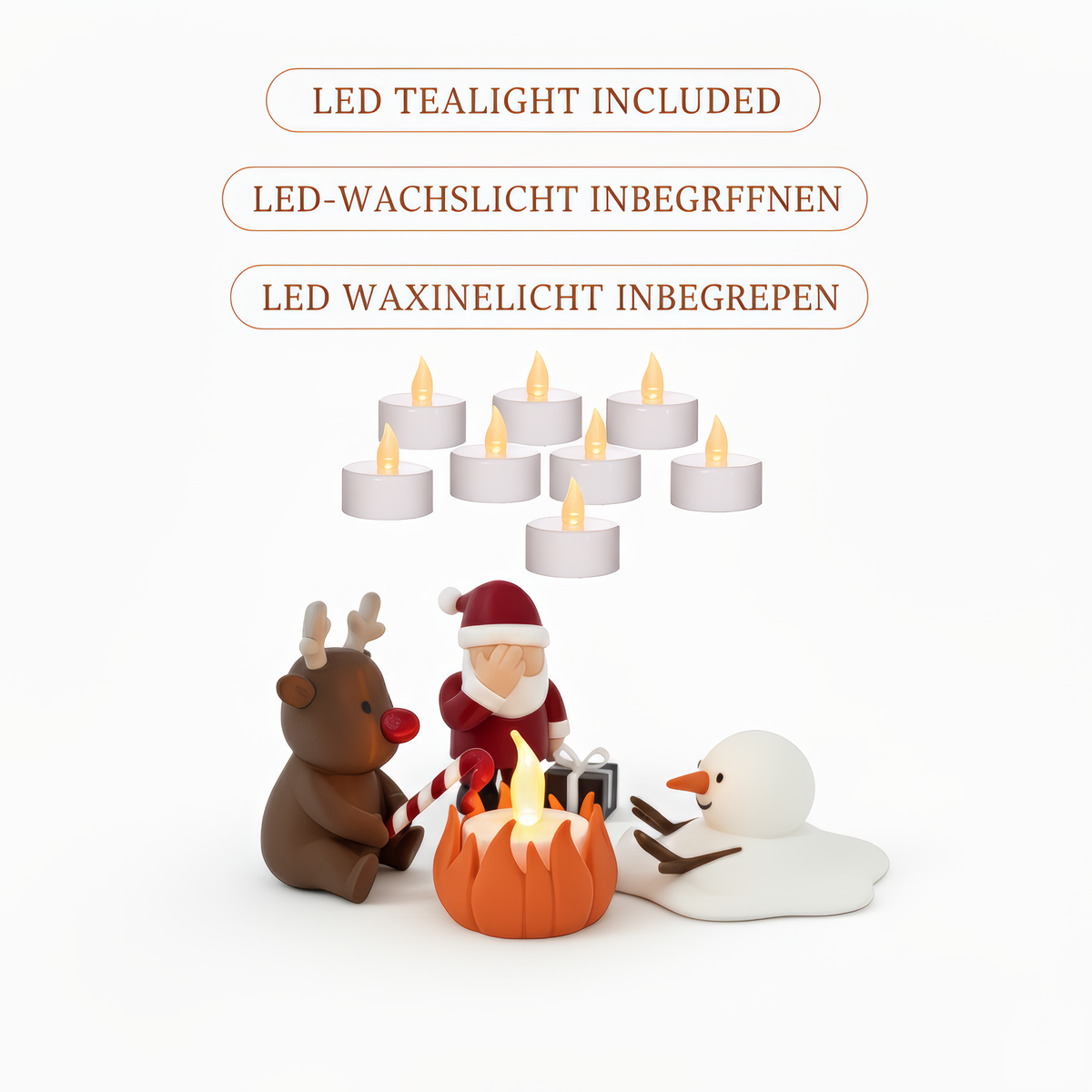 De kerstkampvuurset met LED-waxinelichtjes inbegrepen
