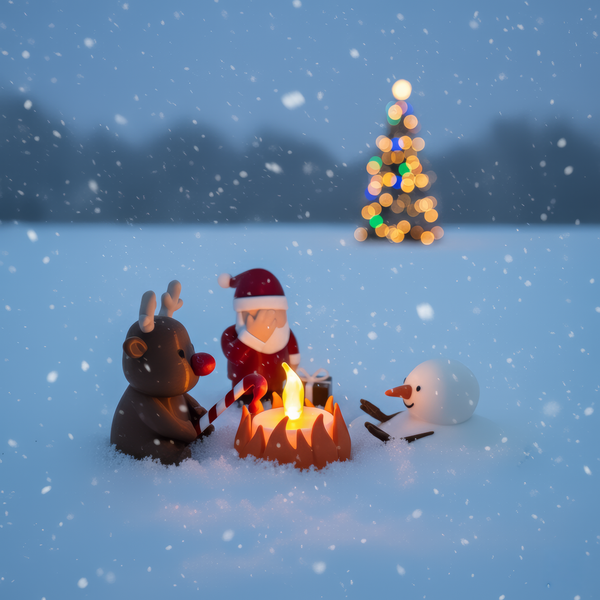 Kerstkampvuur in een sneeuwveld met kerstboom