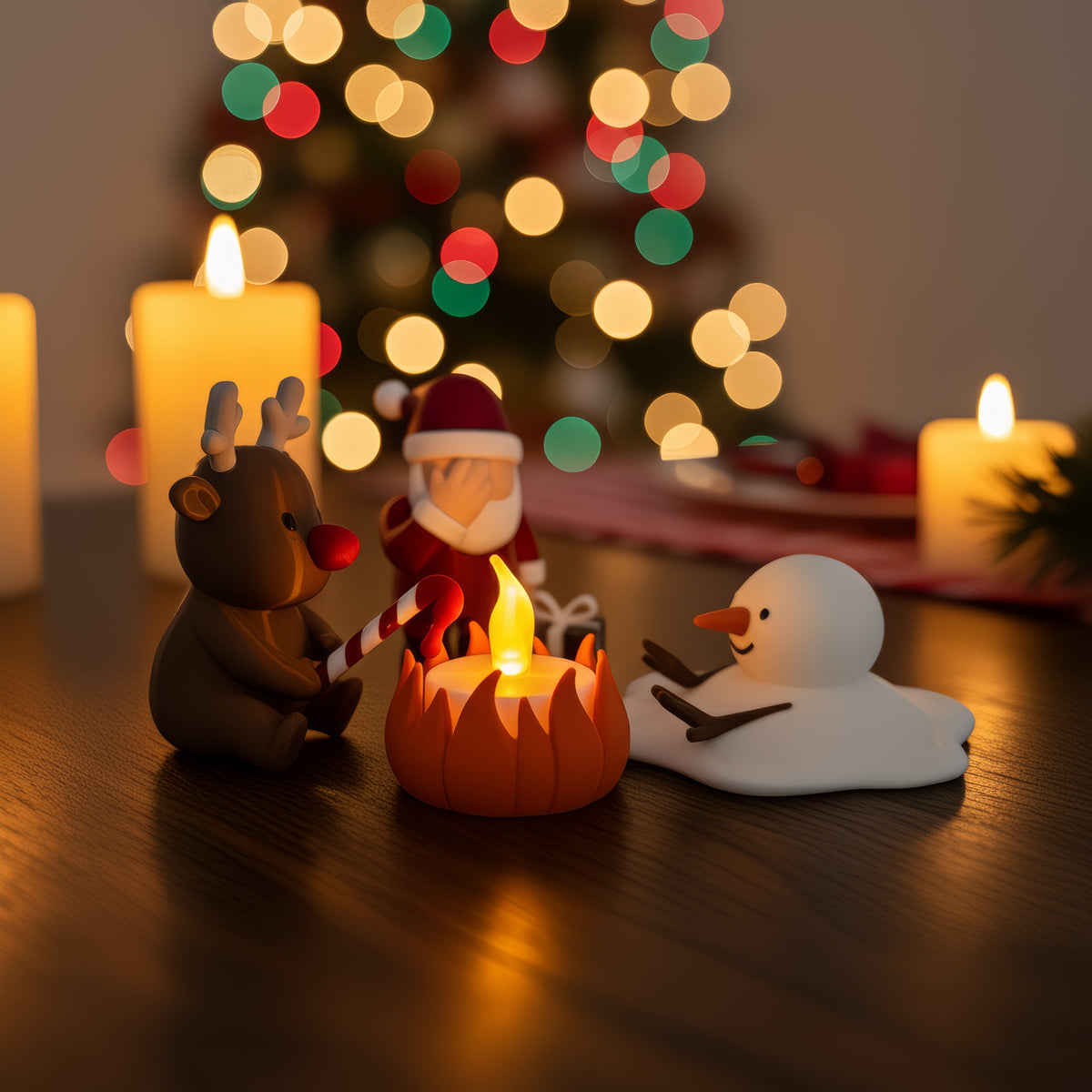 Kerstkampvuur met kaarsen en kerstlichtjes op tafel