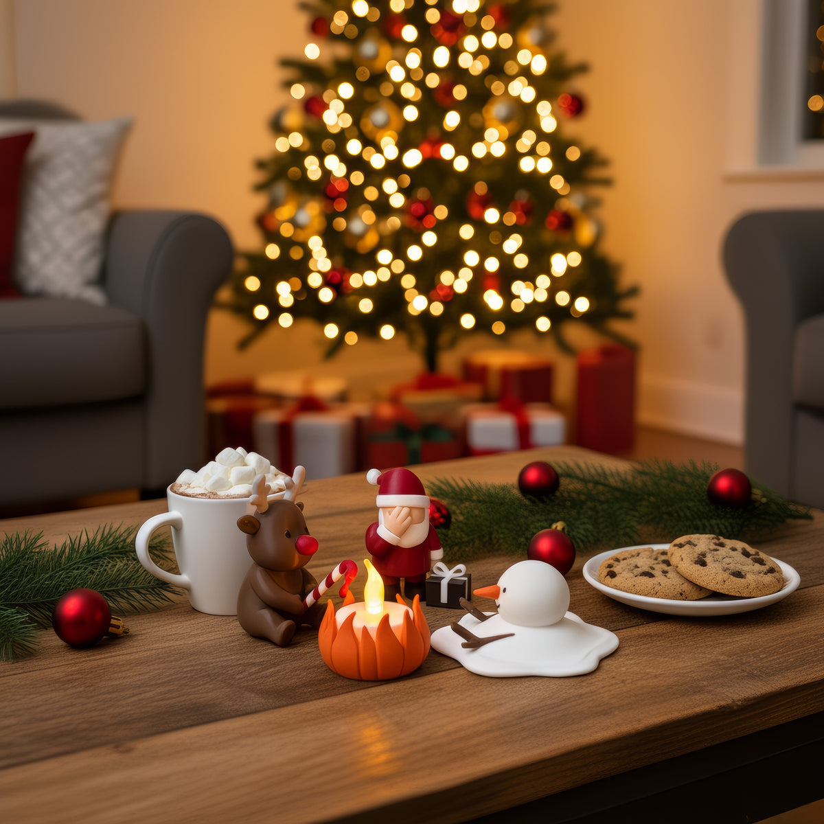 Kerstkampvuur op een salontafel met warme chocolademelk en koekjes