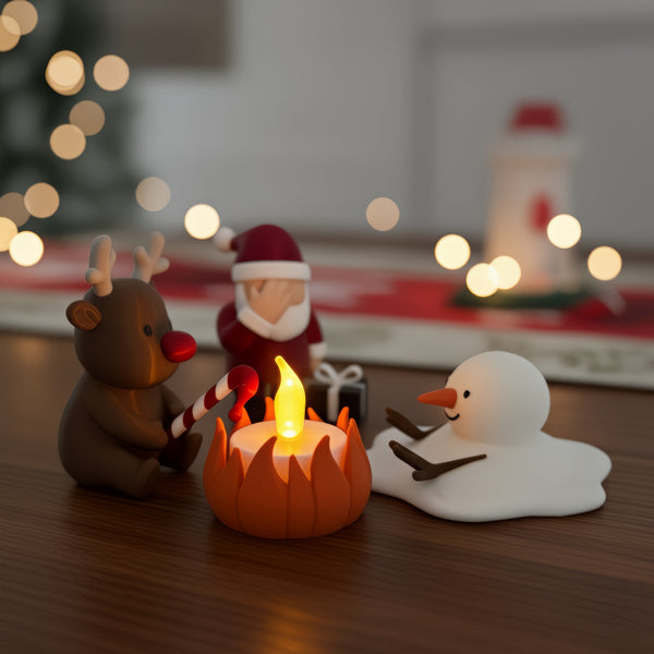 Kerstkampvuur op tafel met warme lichtjes op de achtergrond