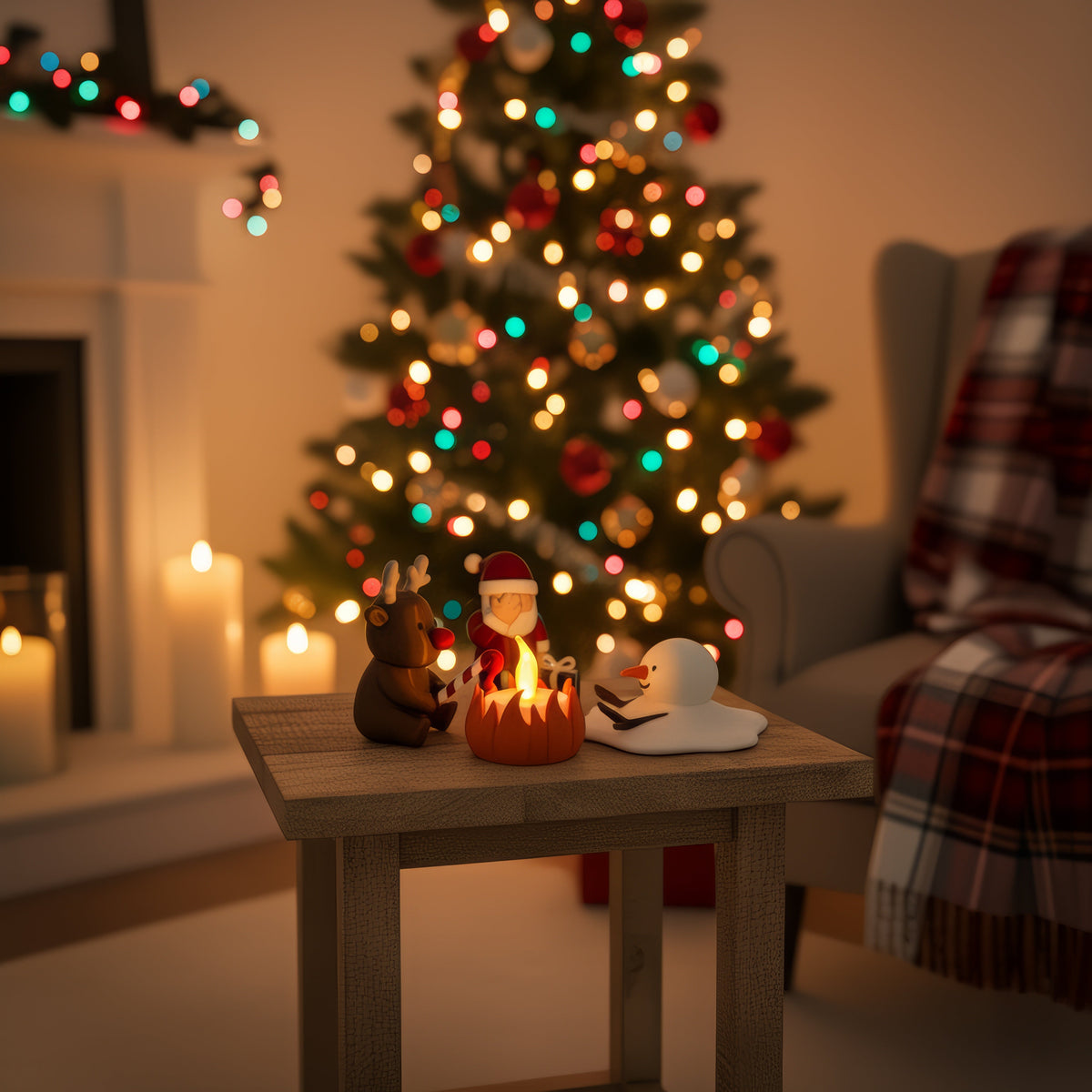 Kerstkampvuur op een klein tafeltje bij een kerstboom