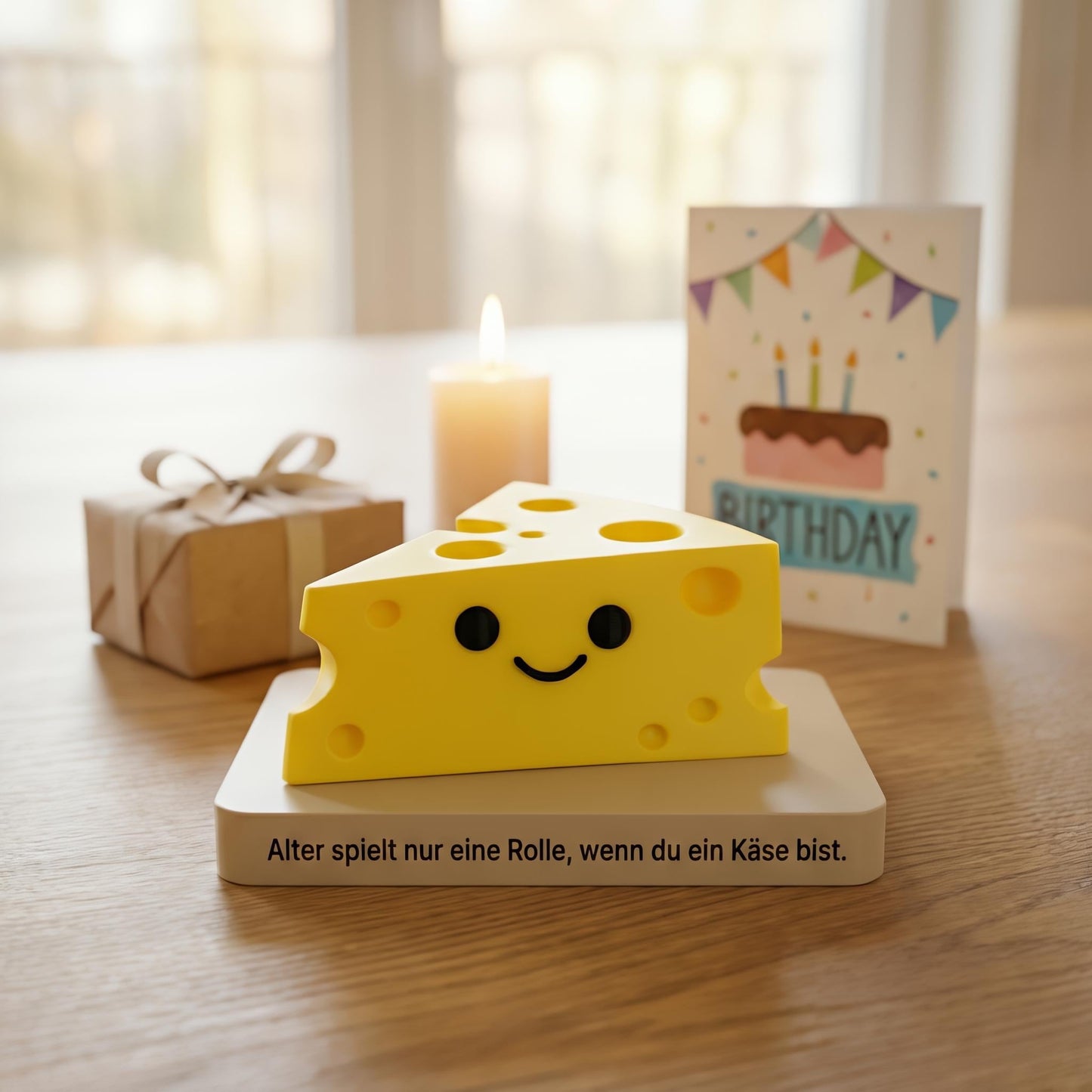 Origineel verjaardagscadeau – grappig kaasje op voet – bureau decoratie – tekst op de voorkant personaliseerbaar – cadeau voor hem/haar