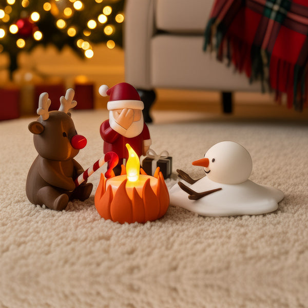 Christmas Campfire kerstdecoratie: kerstman, Rudolph en een smeltende sneeuwpop rond een verlicht LED-kampvuur