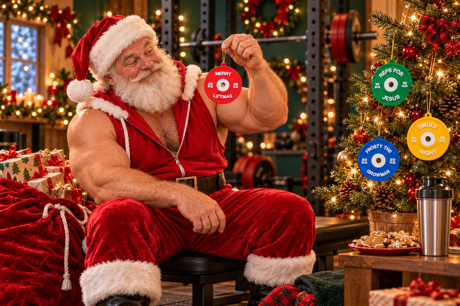 Fitness kersthangers als cadeau in een grappige kerstachtige gymsetting