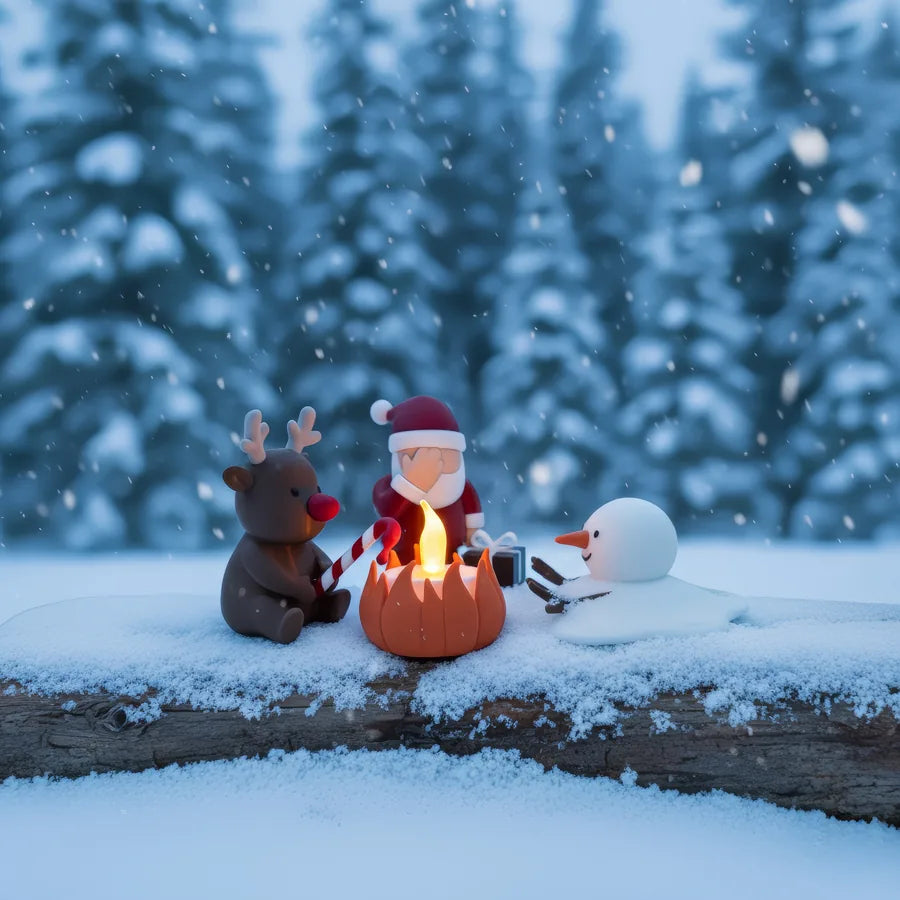 Christmas Campfire in de sneeuw voor een winters dennenbos