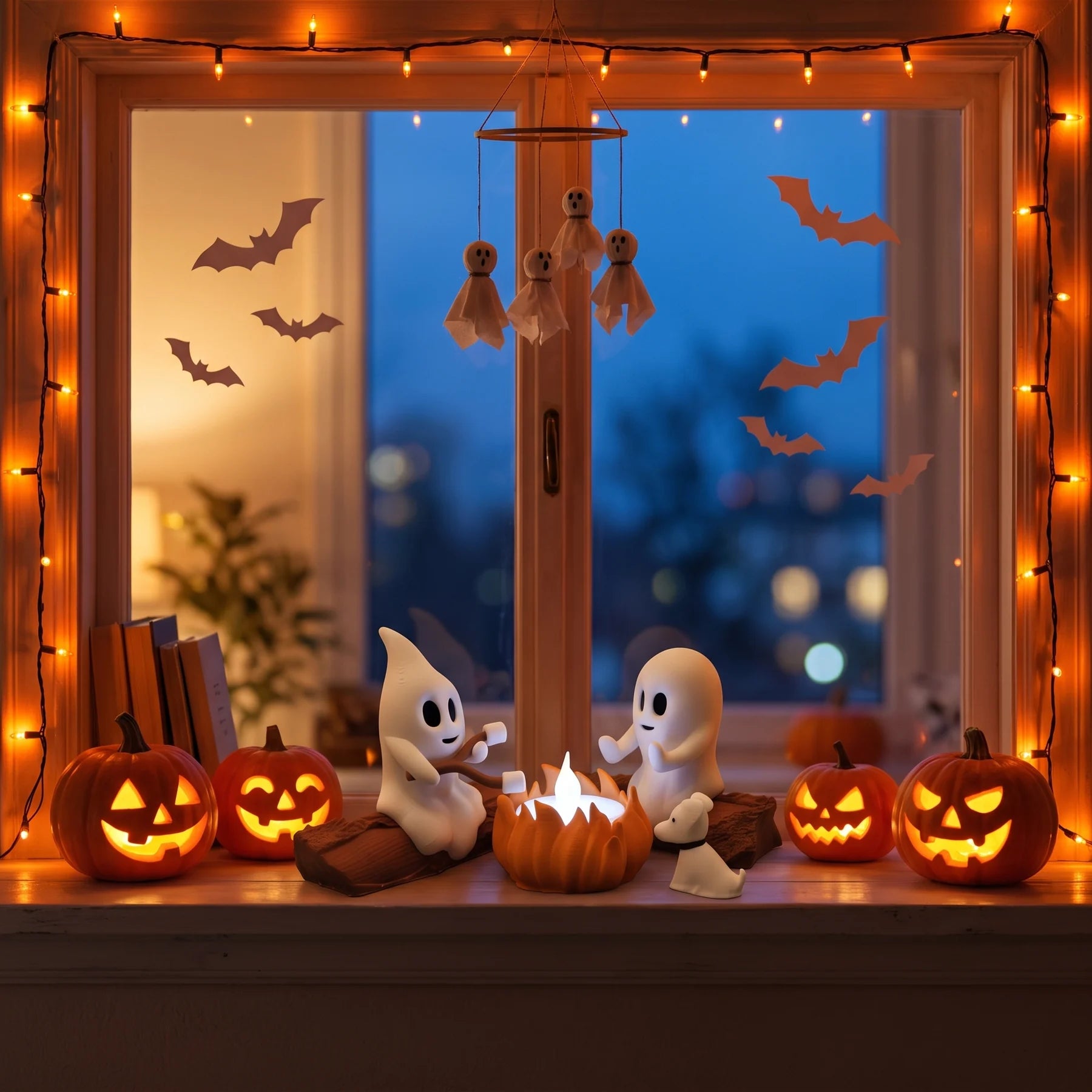 Ghost Campfire op Halloween vensterbank
