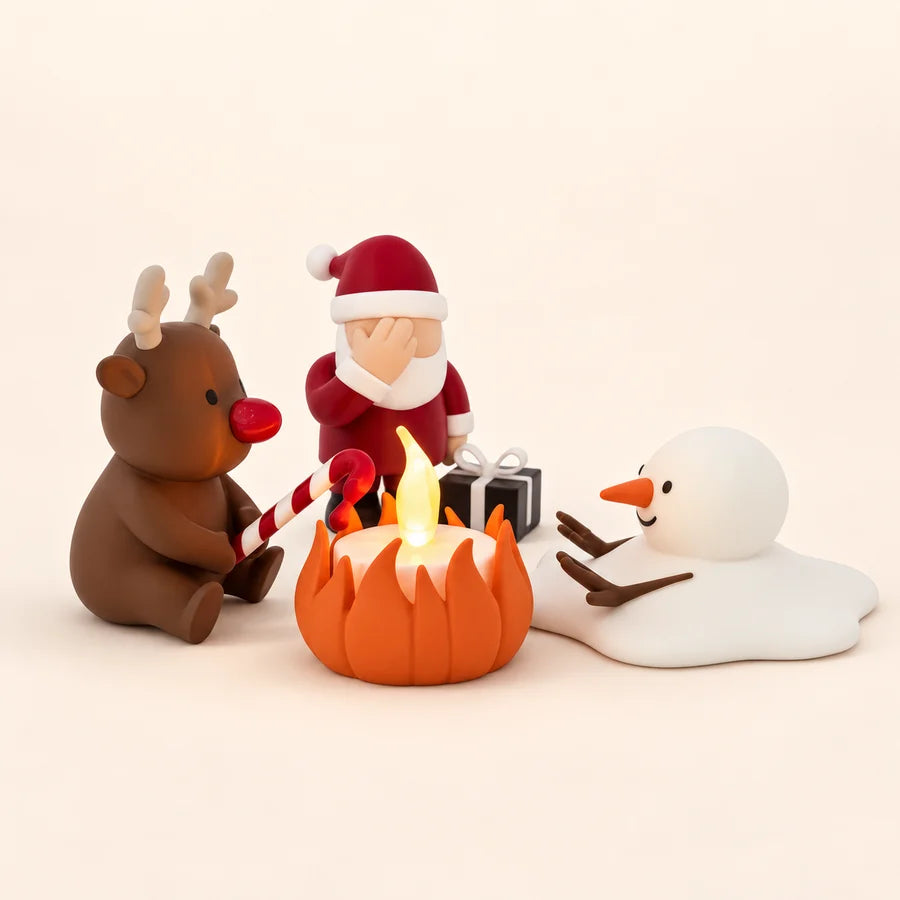 Kerst Campfire decoratie met Rudolf, kerstman en smeltende sneeuwpop rond een verlicht LED-kampvuur