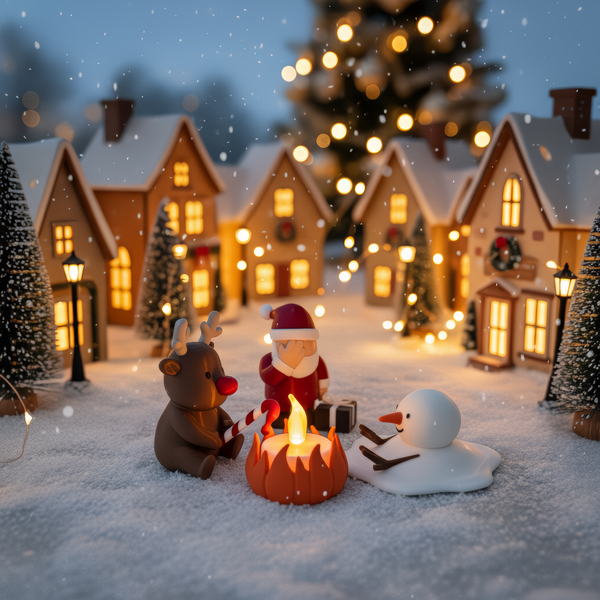 Kerstkampvuur in een besneeuwd dorpje