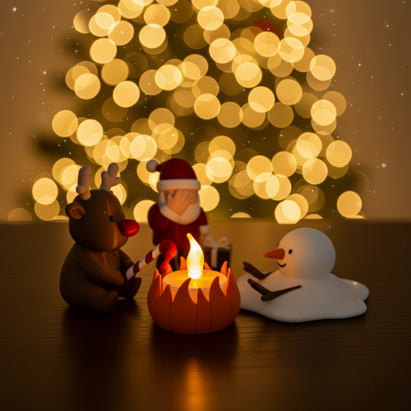 Kerstkampvuur voor een lichtjesboom met warme bokeh
