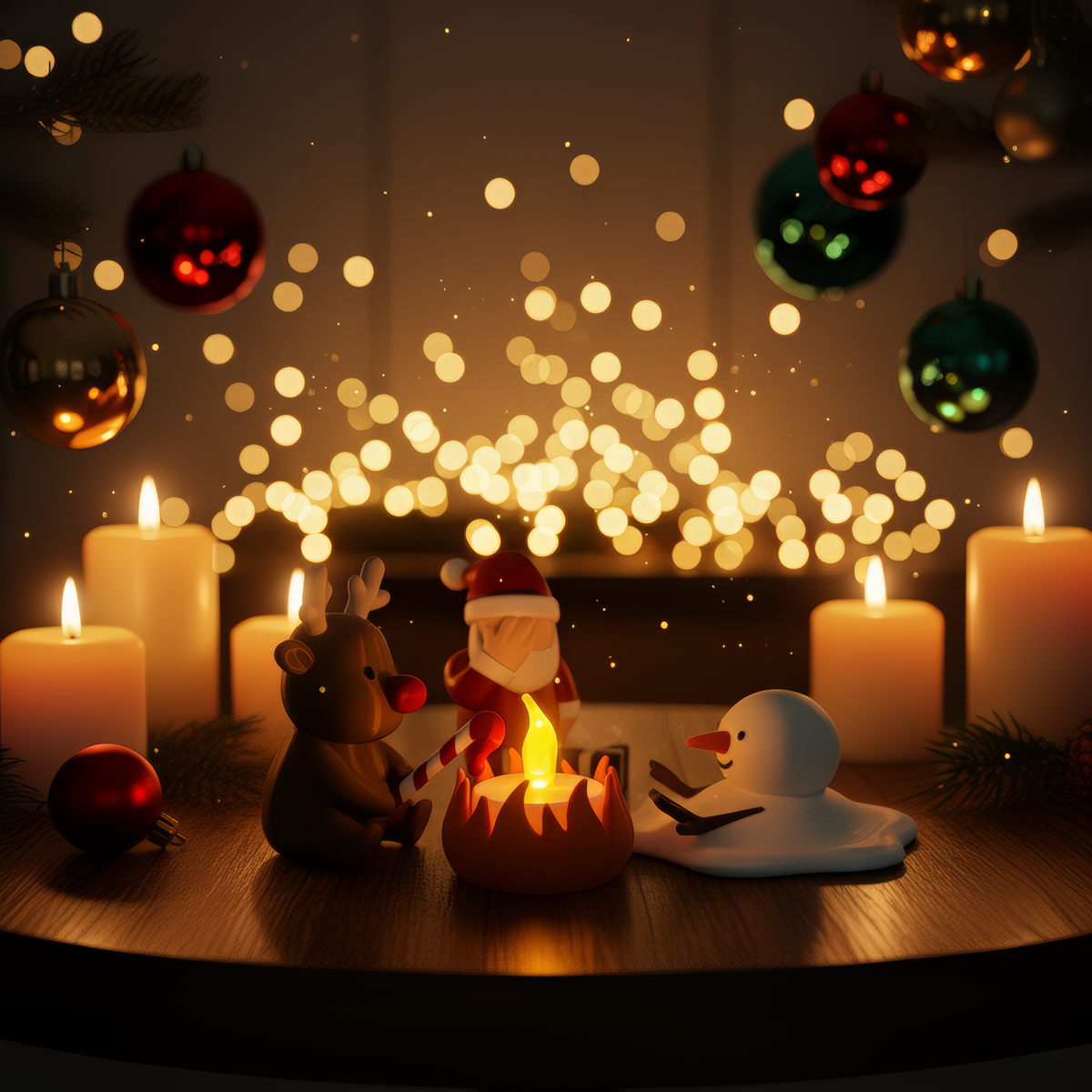 Kerstkampvuur tussen kaarsen en lichtjes op een donkere tafel
