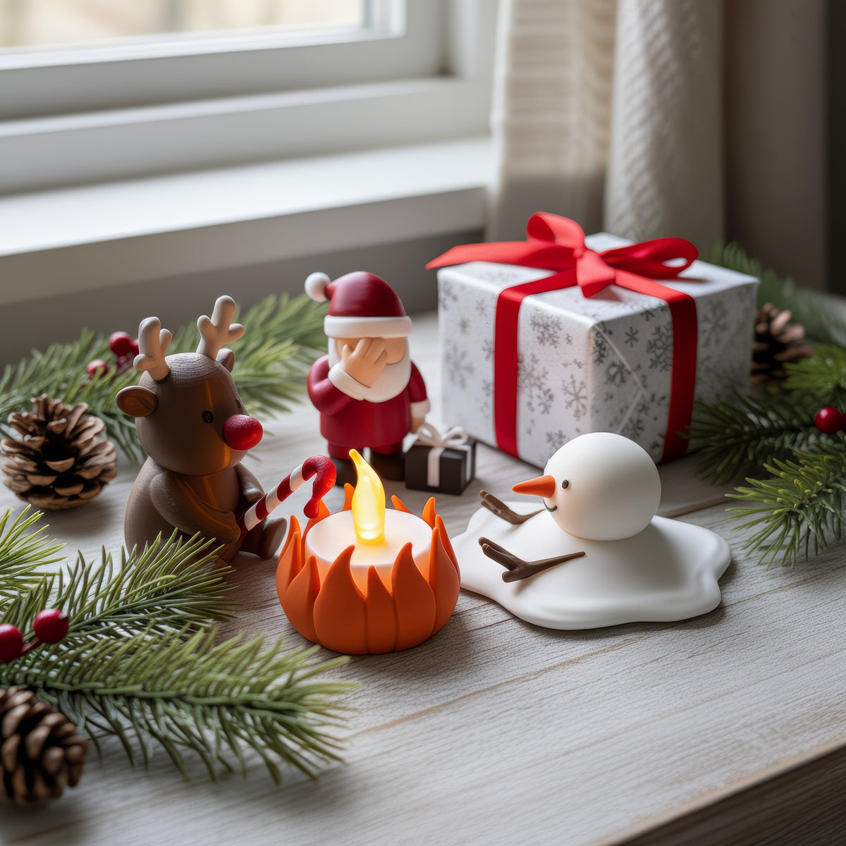 Kerstkampvuur met cadeau en dennentakken bij het raam