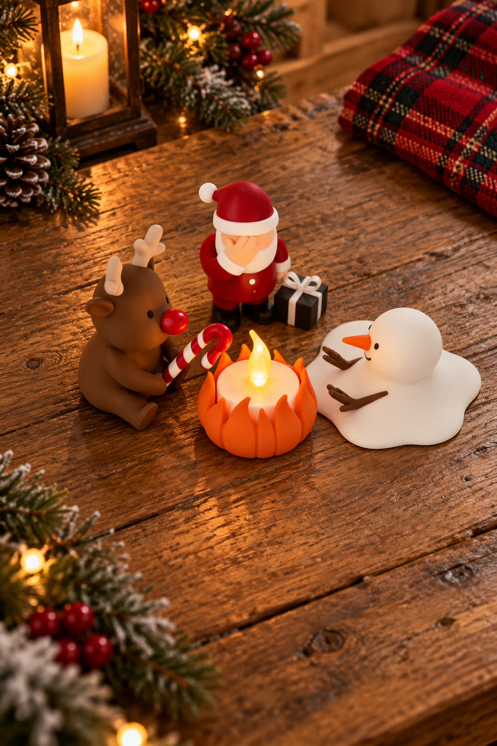 Christmas Campfire-set van Yafico, sfeer: chalet met hout en rood ruitpatroon