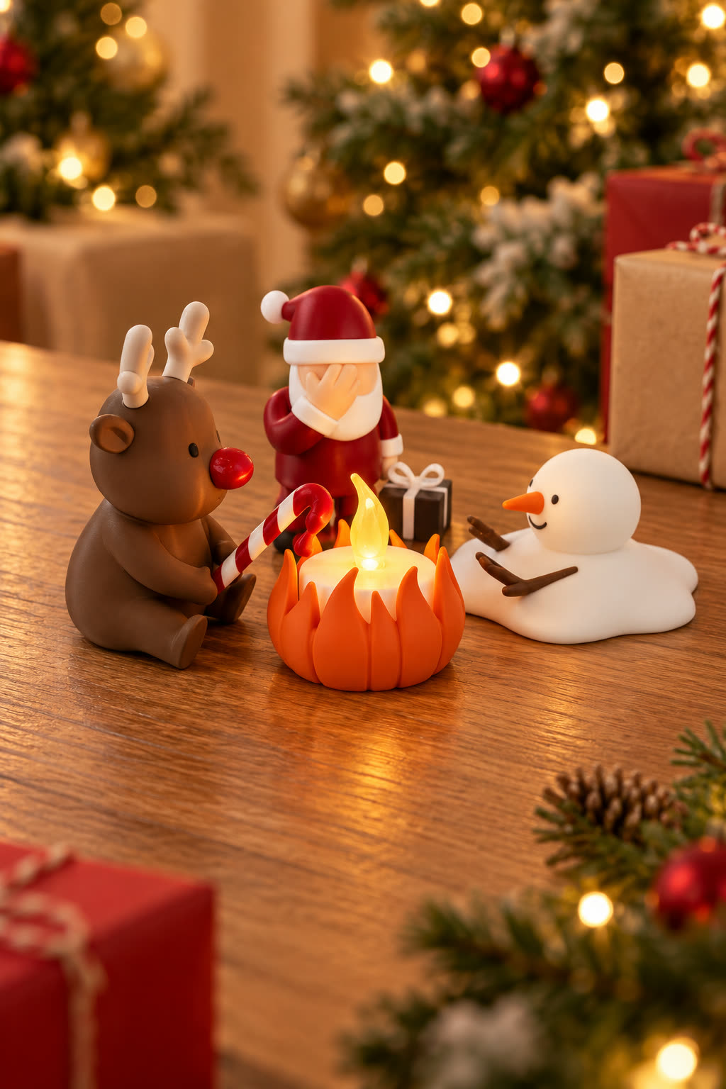 Christmas Campfire-set van Yafico, sfeer: cadeautafel met rood en kraft