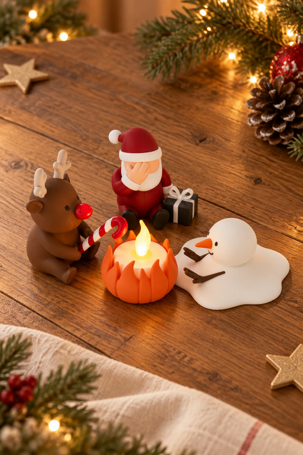 Christmas Campfire-set van Yafico, sfeer: warm hout met linnen en sterren