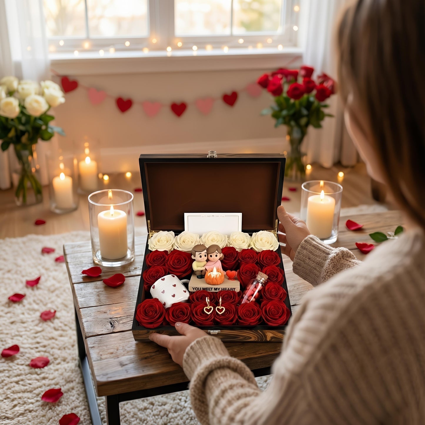 Valentijn Cadeau Box | Romantisch Koppel Beeldje LED Kaars | Rozen Geschenkset Haar | Jubileum Cadeau | Luxe Bloemenbox | Cadeau Vrouw Love