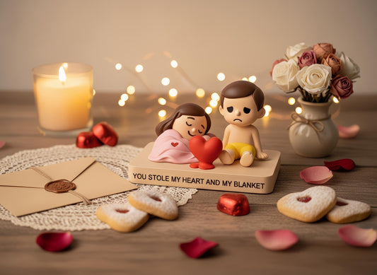 Schattig Bed Beeldje voor Koppels, Samen Slapen Onder één Deken, Grappig Liefdescadeau