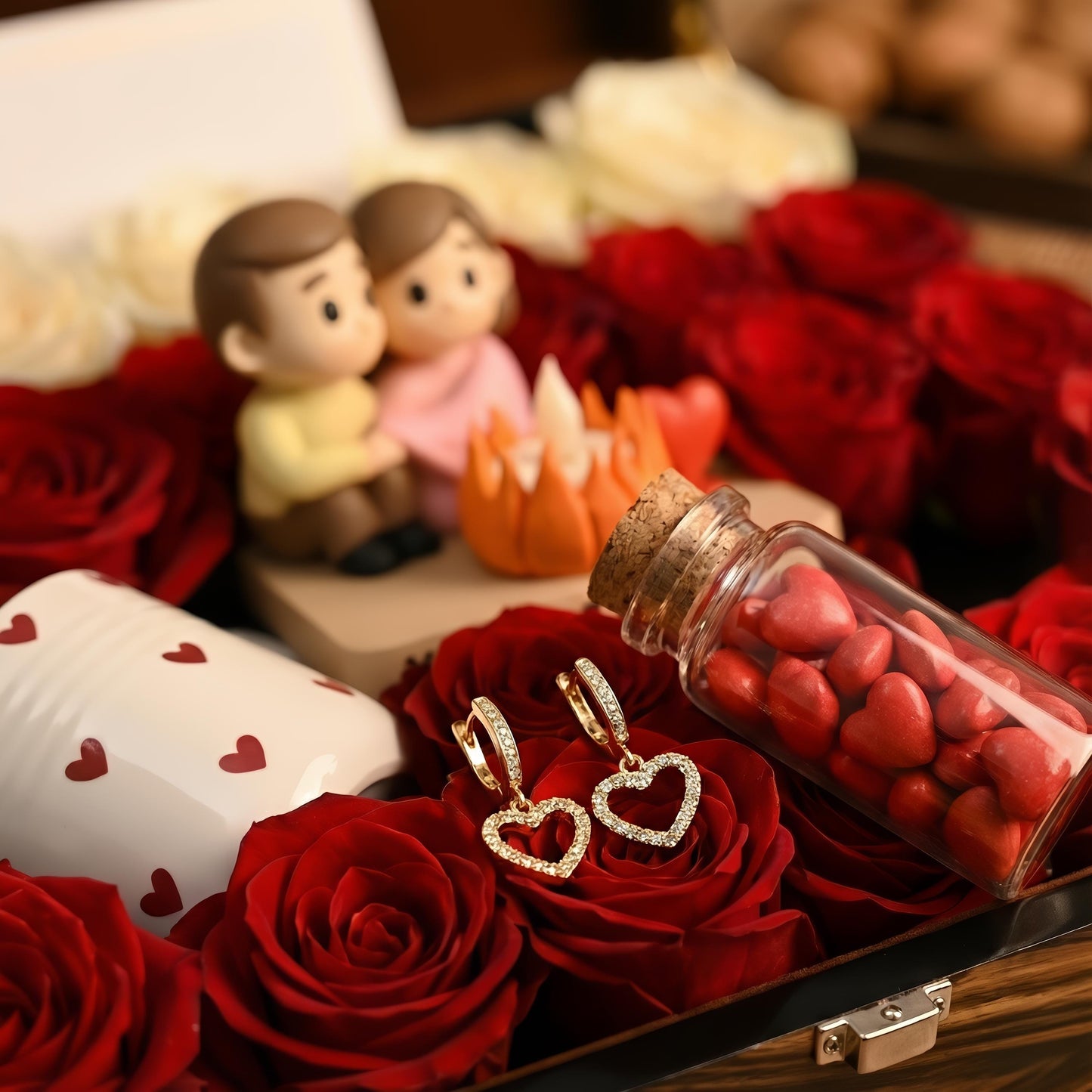Valentijn Cadeau Box | Romantisch Koppel Beeldje LED Kaars | Rozen Geschenkset Haar | Jubileum Cadeau | Luxe Bloemenbox | Cadeau Vrouw Love