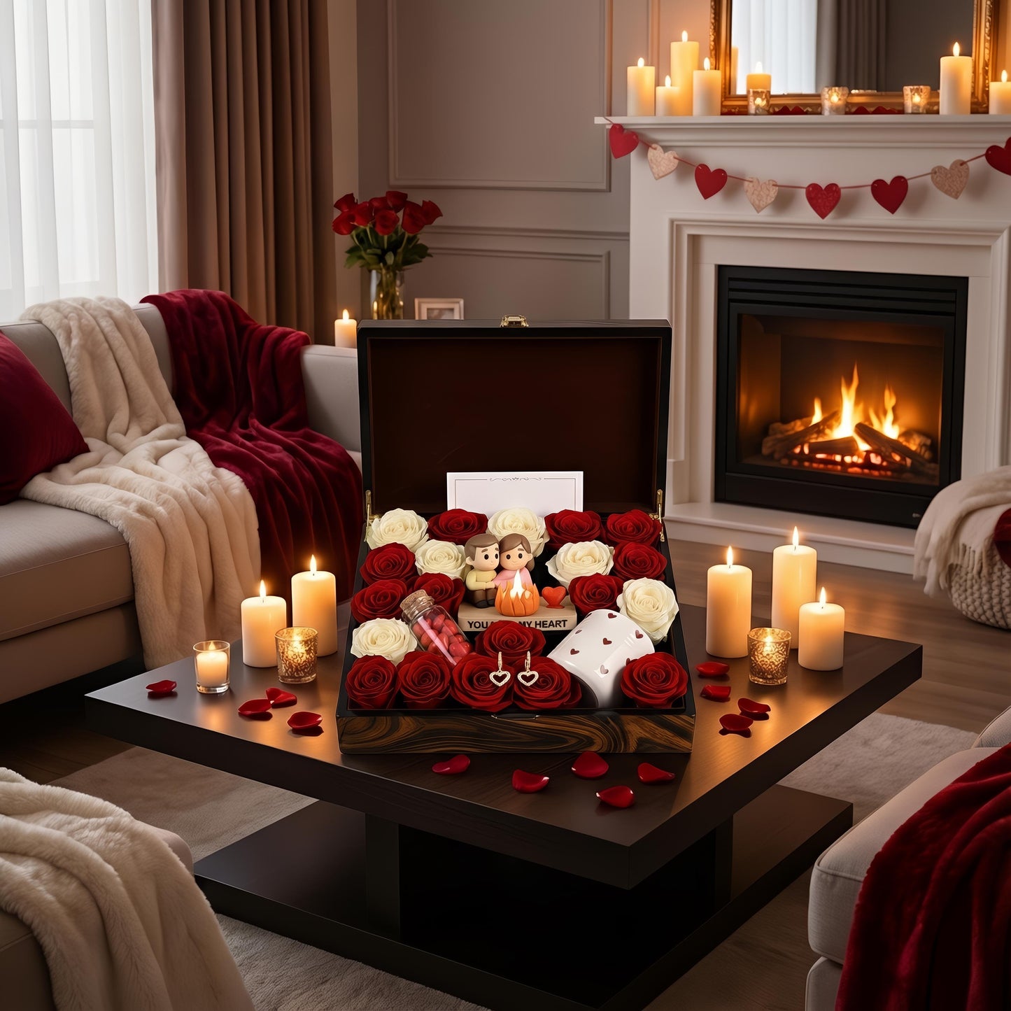 Valentijn Cadeau Box | Romantisch Koppel Beeldje LED Kaars | Rozen Geschenkset Haar | Jubileum Cadeau | Luxe Bloemenbox | Cadeau Vrouw Love