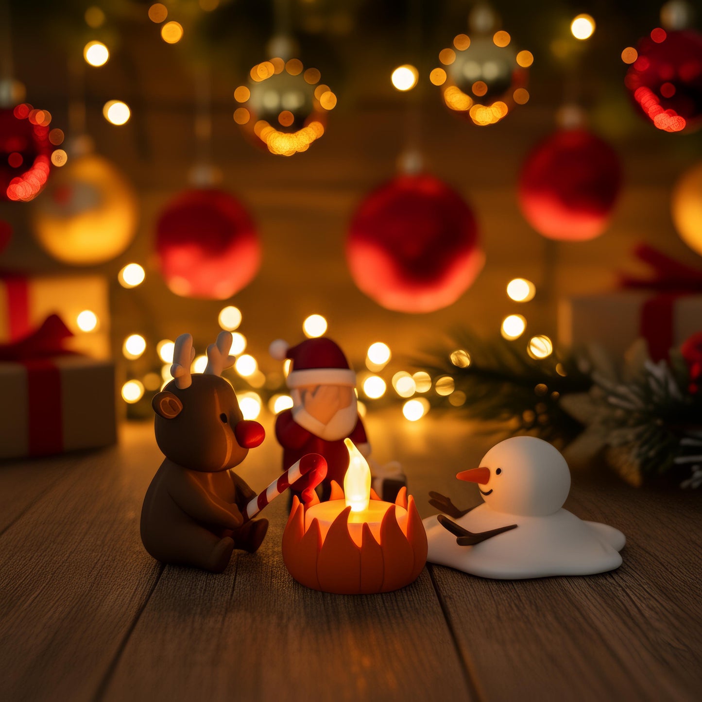 Kerstdecoratie miniatuur LED kerstkampvuur met kerstman rendier en smeltende sneeuwpop | grappig kerstcadeau | kerst tafeldecoratie