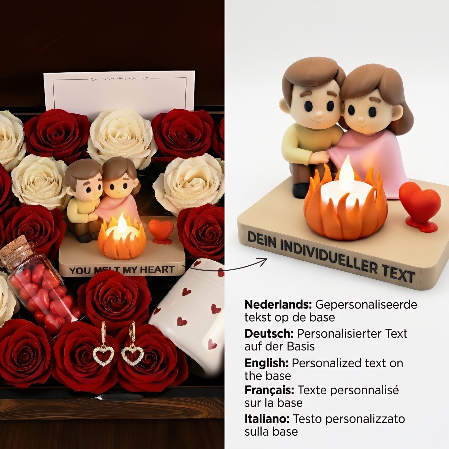 Valentijn Cadeau Box | Romantisch Koppel Beeldje LED Kaars | Rozen Geschenkset Haar | Jubileum Cadeau | Luxe Bloemenbox | Cadeau Vrouw Love