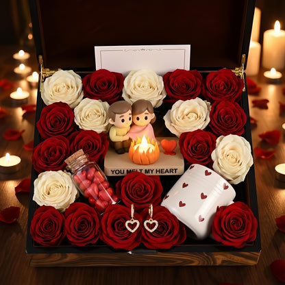 Valentijn Cadeau Box | Romantisch Koppel Beeldje LED Kaars | Rozen Geschenkset Haar | Jubileum Cadeau | Luxe Bloemenbox | Cadeau Vrouw Love