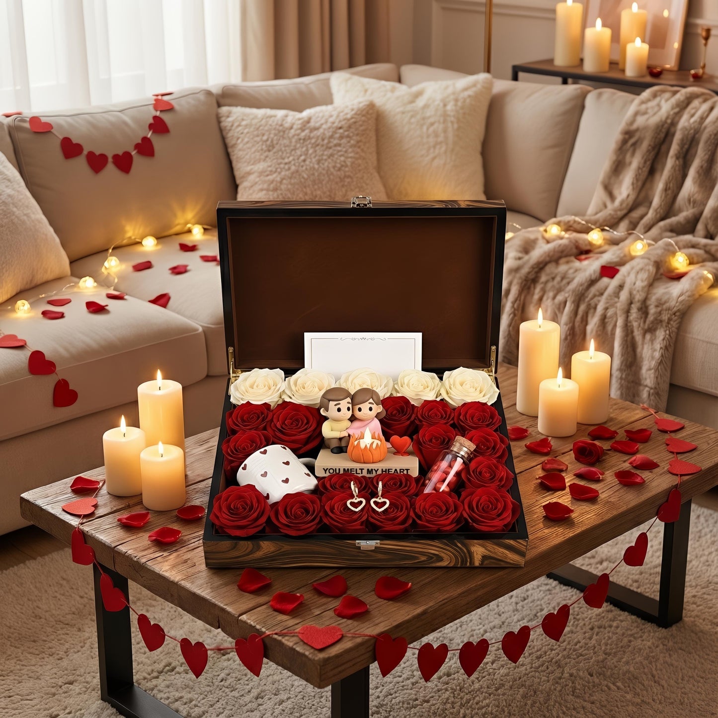 Valentijn Cadeau Box | Romantisch Koppel Beeldje LED Kaars | Rozen Geschenkset Haar | Jubileum Cadeau | Luxe Bloemenbox | Cadeau Vrouw Love