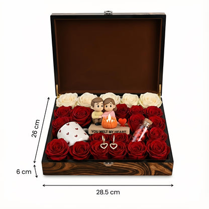 Valentijn Cadeau Box | Romantisch Koppel Beeldje LED Kaars | Rozen Geschenkset Haar | Jubileum Cadeau | Luxe Bloemenbox | Cadeau Vrouw Love