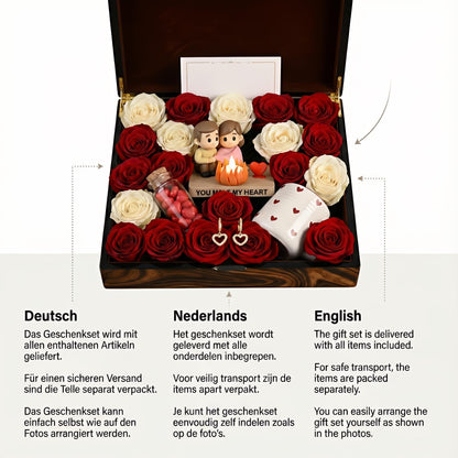 Valentijn Cadeau Box | Romantisch Koppel Beeldje LED Kaars | Rozen Geschenkset Haar | Jubileum Cadeau | Luxe Bloemenbox | Cadeau Vrouw Love