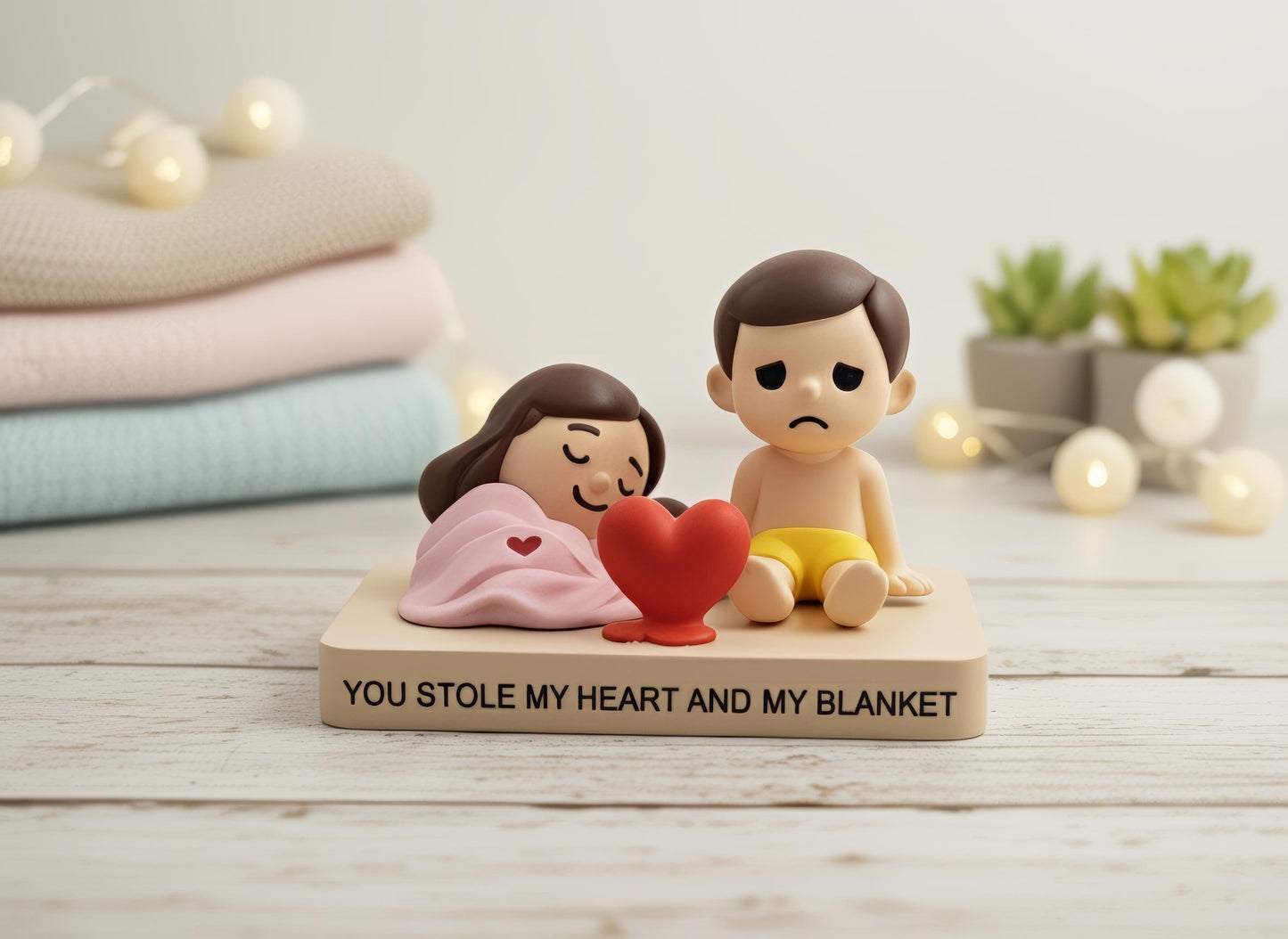 Schattig Bed Beeldje voor Koppels, Samen Slapen Onder één Deken, Grappig Liefdescadeau