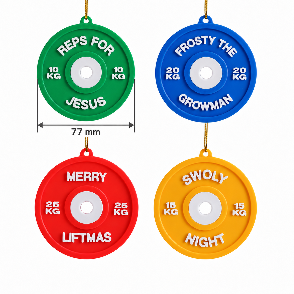 Afmeting fitness kerstbal: doorsnede 77 mm