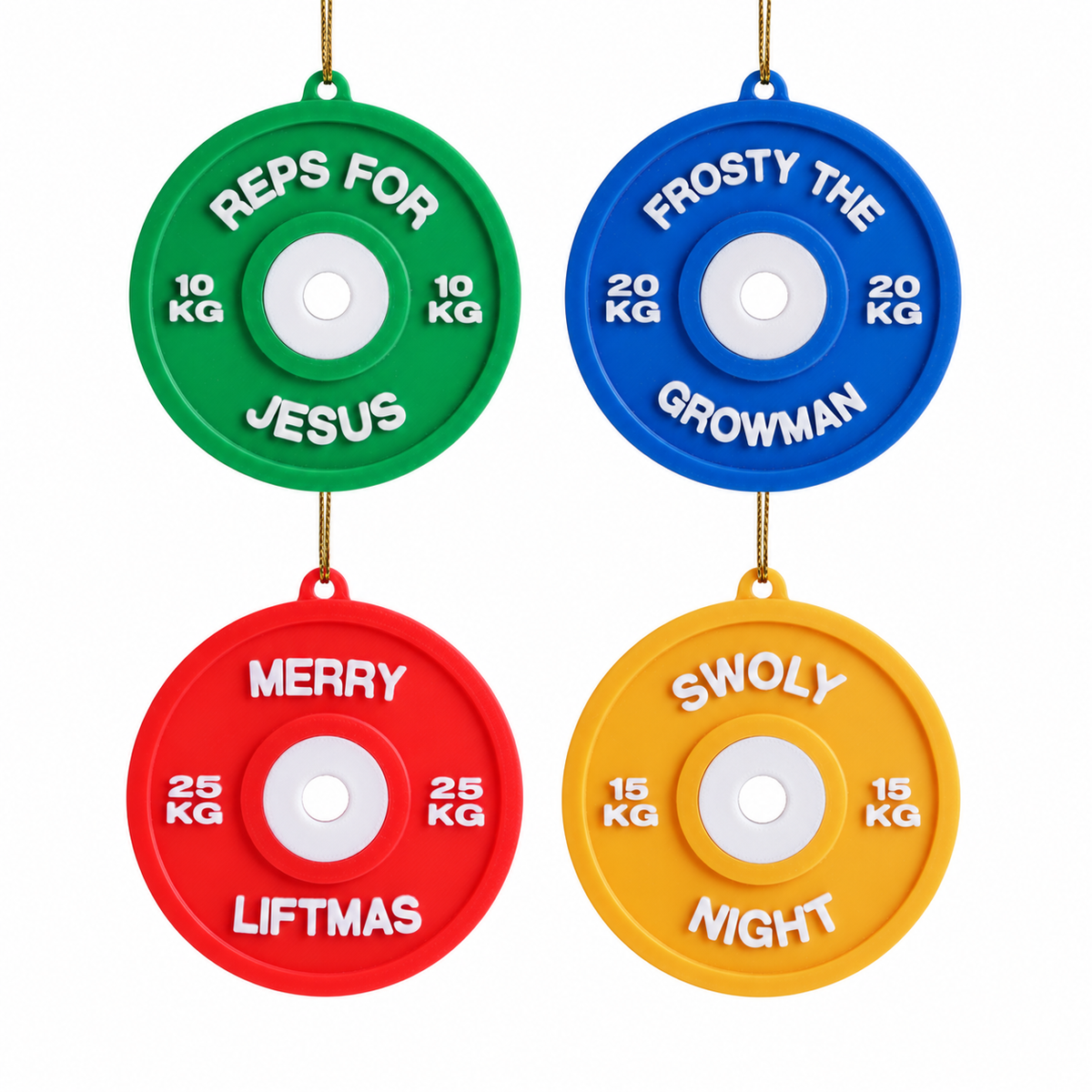 Set van 4 fitness kerstballen in rood, geel, blauw en groen op witte achtergrond