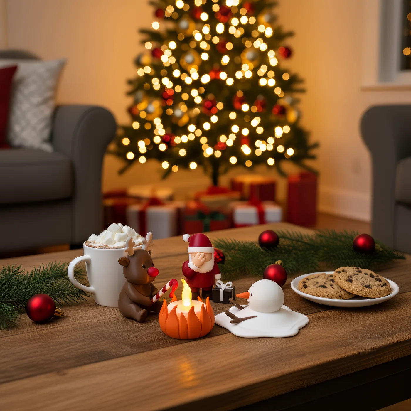 Christmas Campfire op de salontafel naast warme chocolademelk en koekjes