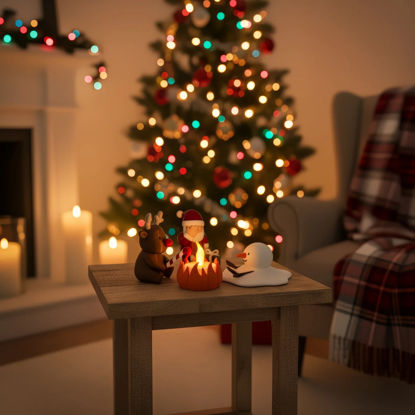 Christmas Campfire op een bijzettafel naast de kerstboom