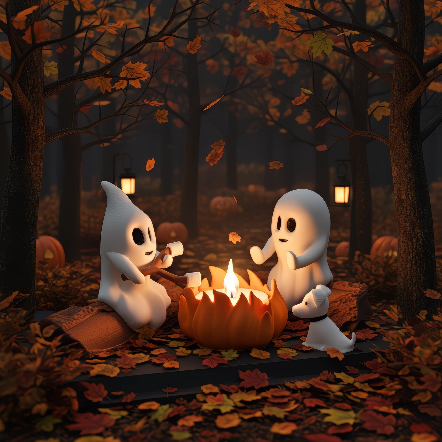 Ghost Campfire spookjes bij kampvuur in herfstbos