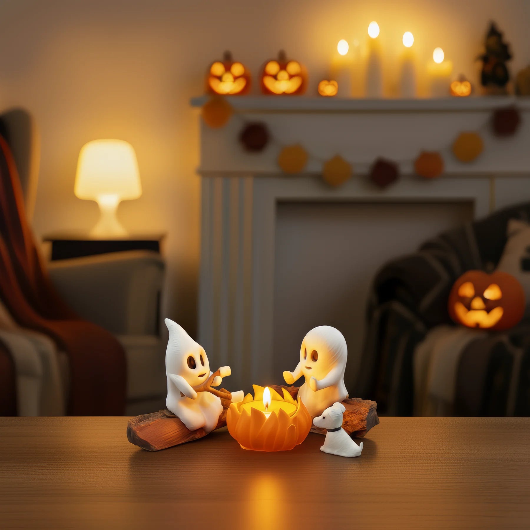 Ghost Campfire Halloween decoratie met twee spookjes rond een verlicht kampvuur