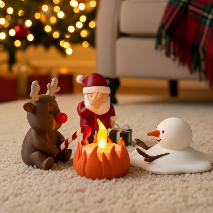 Kerst Campfire decoratie met Rudolf, kerstman en smeltende sneeuwpop rond een verlicht LED-kampvuur
