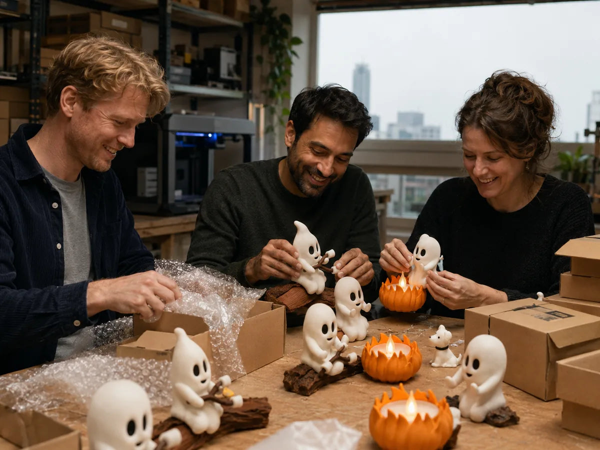 Ricardo, Yavar en Marlijn van Yafico aan het werk met Ghost Campfire decoratie in hun werkplaats in Rotterdam