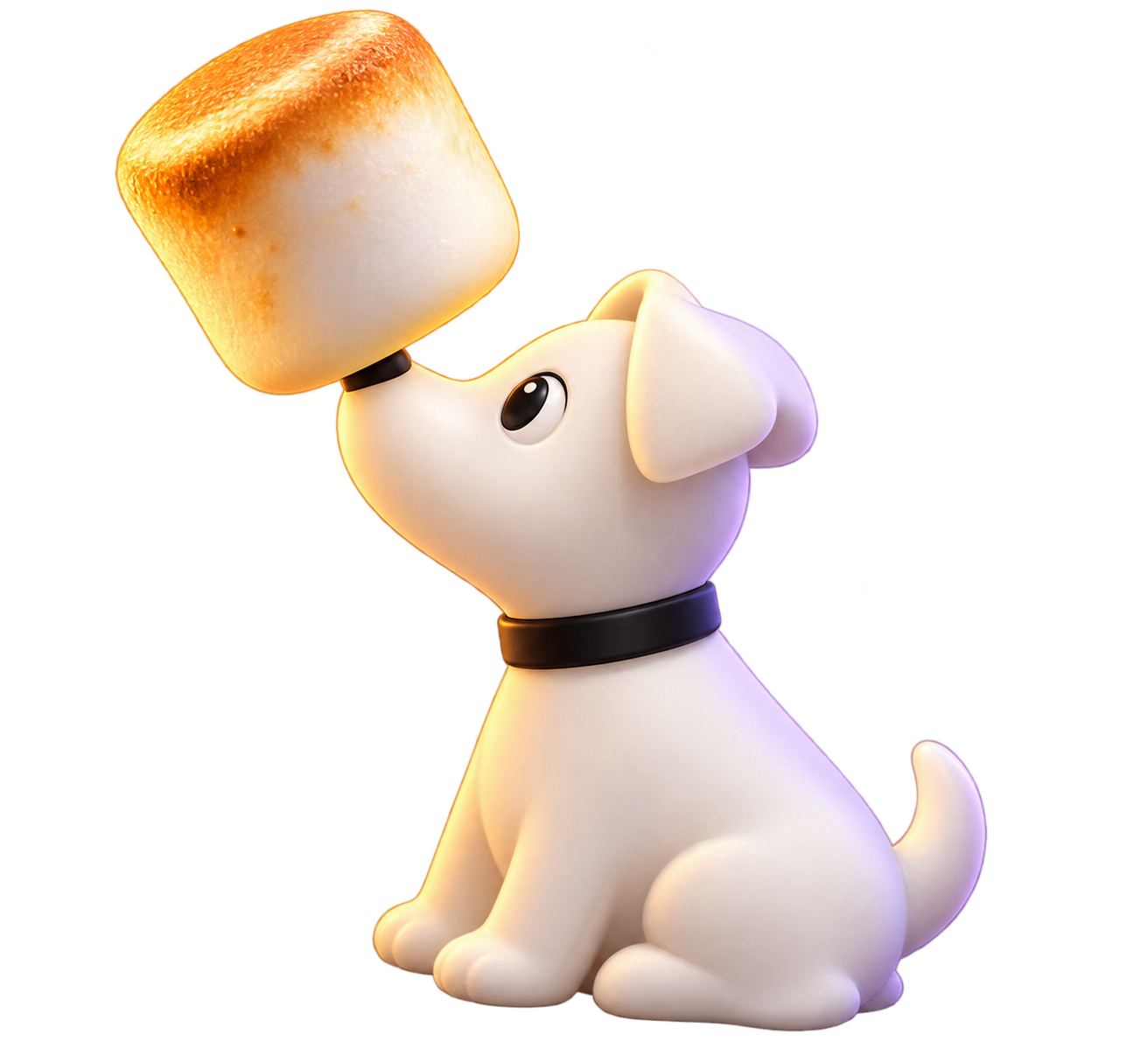 Cartoonhond Wuffi met een reusachtige marshmallow op zijn neus